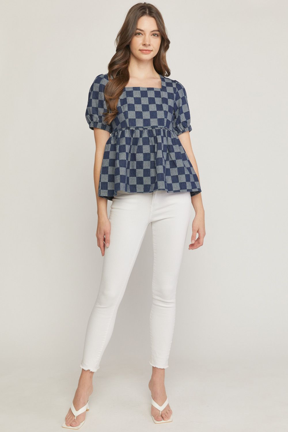 Checkered print denim square neck puff sleeve peplum top. image 4