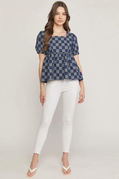 Checkered print denim square neck puff sleeve peplum top. image 4