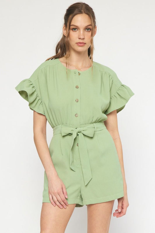 Waffle textured round neck button up ruffle sleeve romper image 0