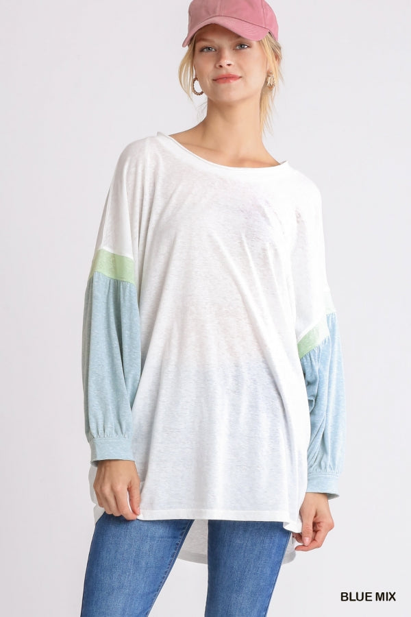 Colorblock Balloon Sleeve Tunic Dress with a Scoop Neck image 0