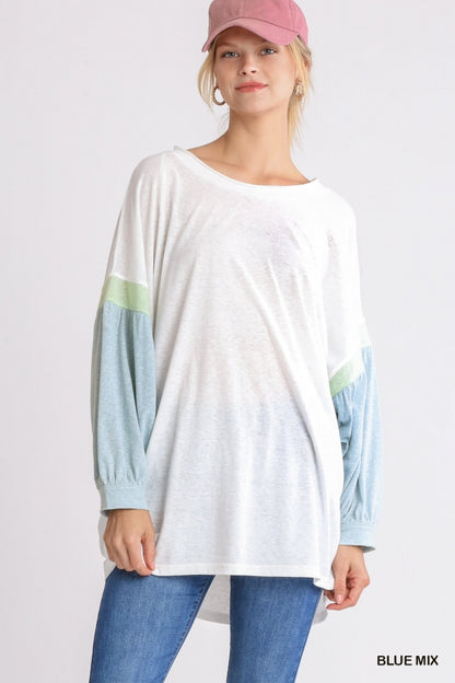 Colorblock Balloon Sleeve Tunic Dress with a Scoop Neck image 0