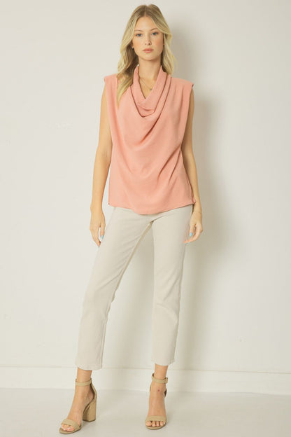 Salmon solid cowl neck sleeveless top featuring shoulder pads. Unlined. Woven. image 4