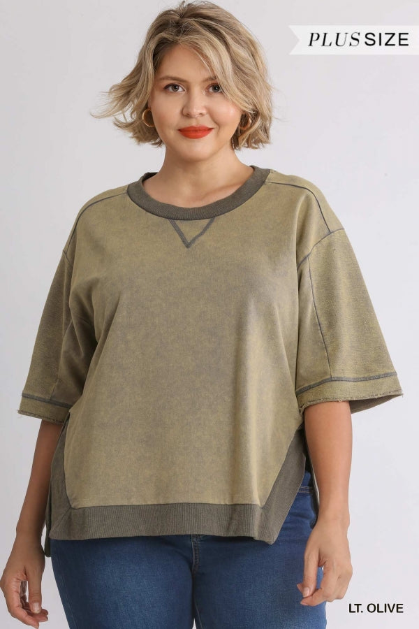 Lt Olive Mineral Wash Crew Neck 3/4 Sleeve Top with Side Splits image 0