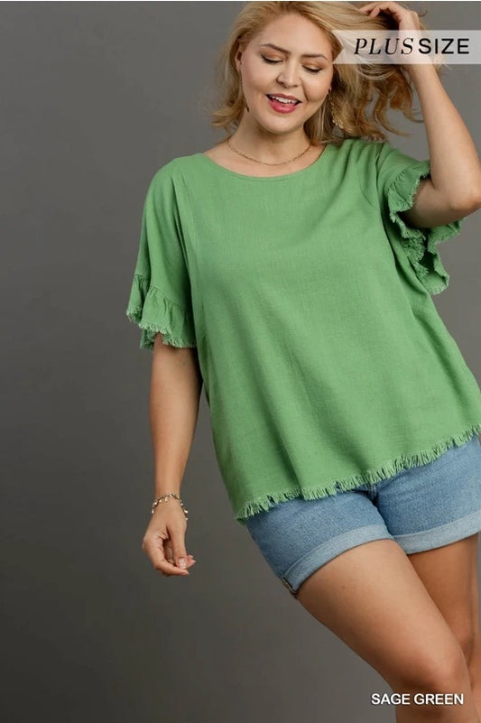 Sage Green Linen Blend Round Neck Ruffle Sleeves Top image 0
