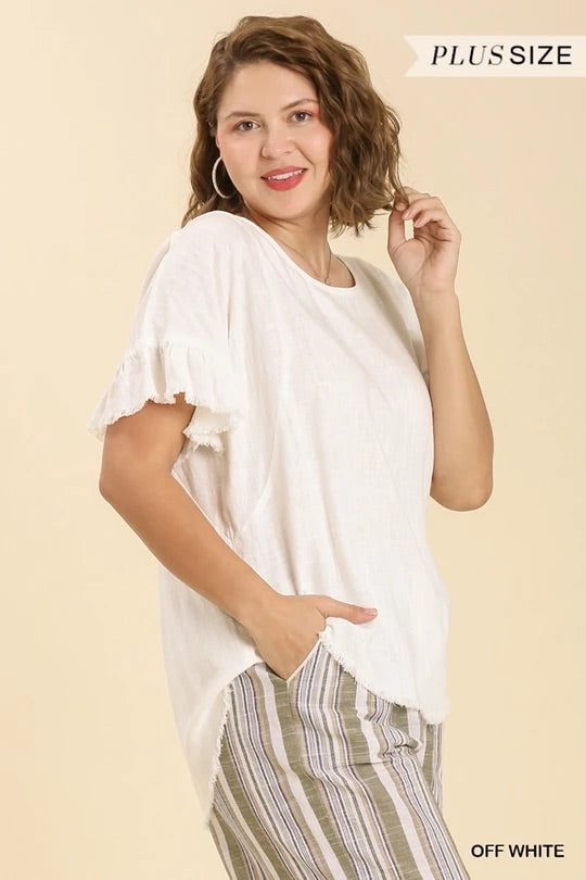 Off White Linen Blend Round Neck Ruffle Sleeves Top image 1