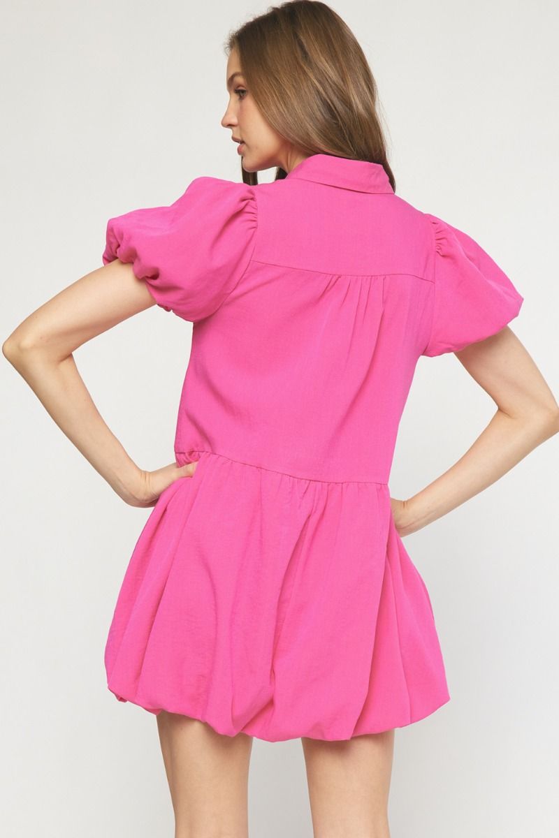 Hot pink solid collared button up dress featuring bubble hem and sleeves. image 3