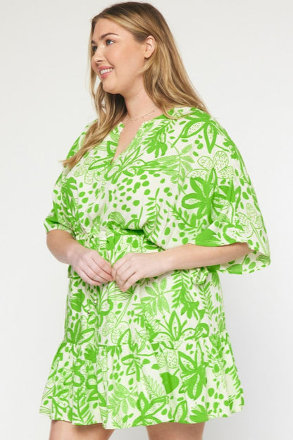 Green floral print v-neck 1/2 sleeve mini dress image 8