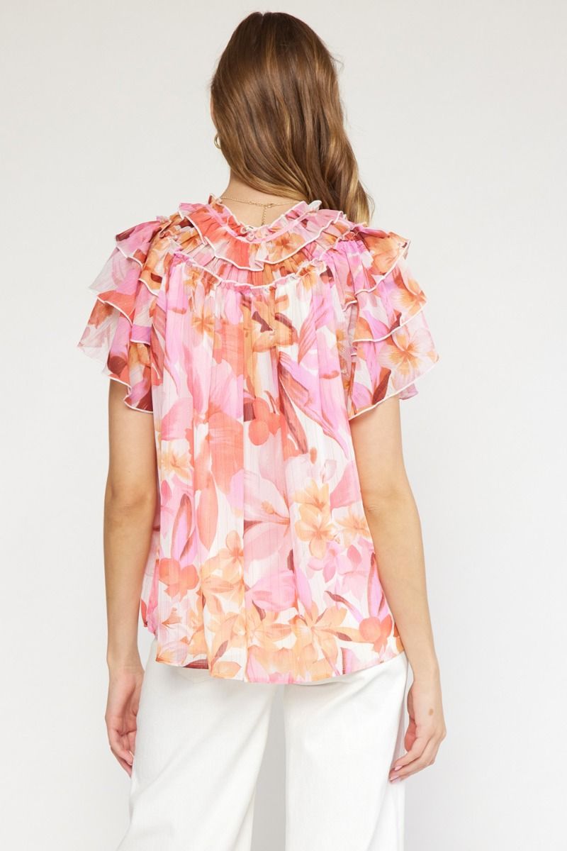 Floral print v-neck ruffle sleeve top featuring self tie at front neck. image 3