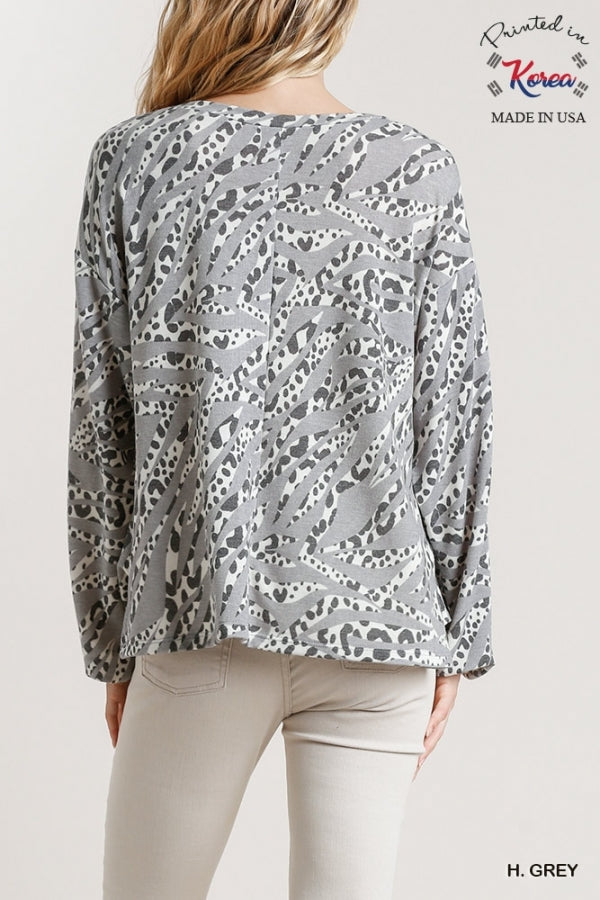 Grey French Terry Animal Print Round Neck Long Sleeve Top with Side Slits image 1
