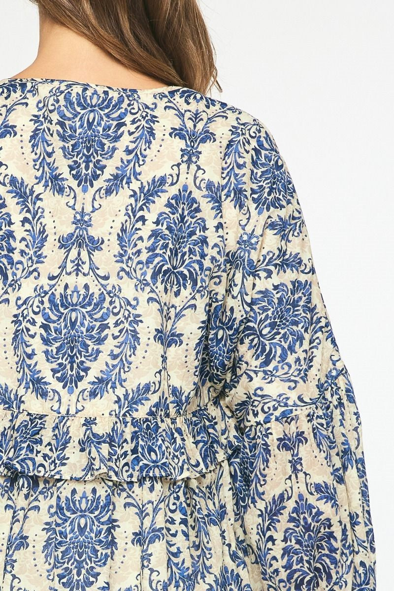 Midnight Blue Printed babydoll long sleeve top featuring ruffle detail. image 4