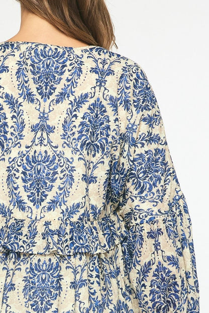 Midnight Blue Printed babydoll long sleeve top featuring ruffle detail. image 4