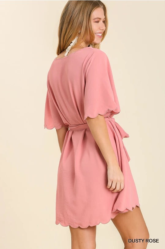 Bell Sleeve Scalloped Round Neck Dress with Waist Tie and Scalloped Hem & No Lin image 4