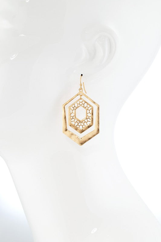 Gold hammered hexagon filigree earrings image 2