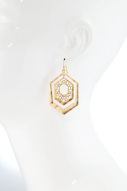 Gold hammered hexagon filigree earrings image 2