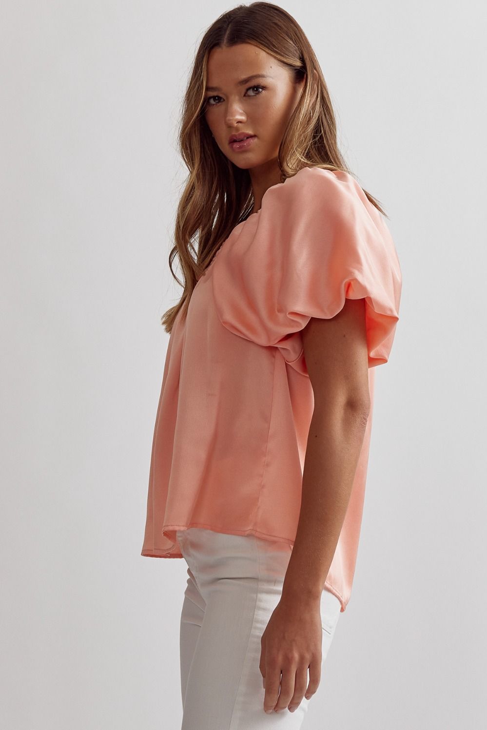 Peach satin square neck bubble sleeve top image 2