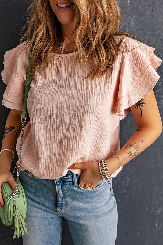 Pink Textured Tiered Ruffled Short Sleeve Bouse image 0