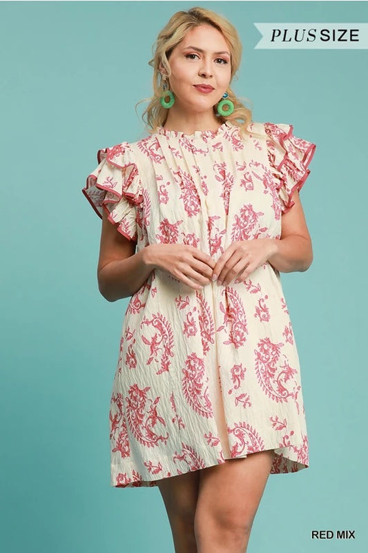 (W) Red Mix Paisley Print Tiered Mini Dress image 0