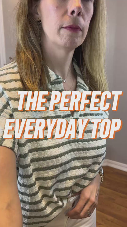 Zenana Striped Split Neck Collared Top