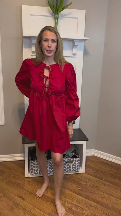 Double Take Christmas Front Tied Long Sleeve Mini Dress