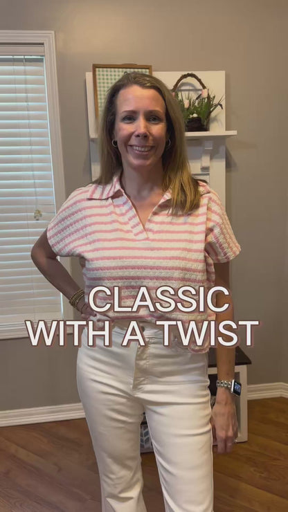 Zenana Striped Split Neck Collared Top