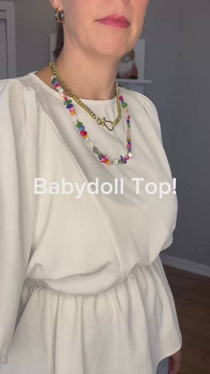 White Round Neck Back Tie With Tassel Babydoll Top