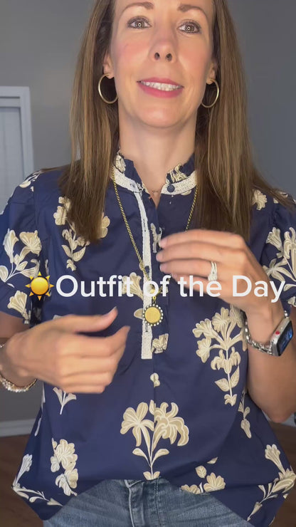 Umgee Floral Ruffle Sleeve Split-Neck Top