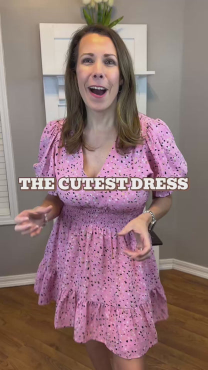 Dotted v-neck 1/2 sleeve mini dress