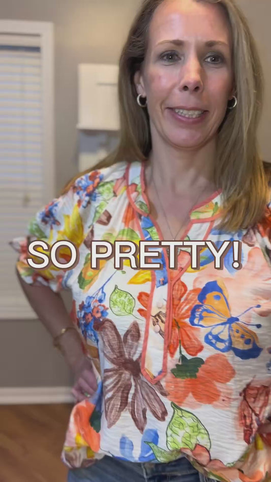 Umgee Watercolor Floral Print Top with High-Low Hem