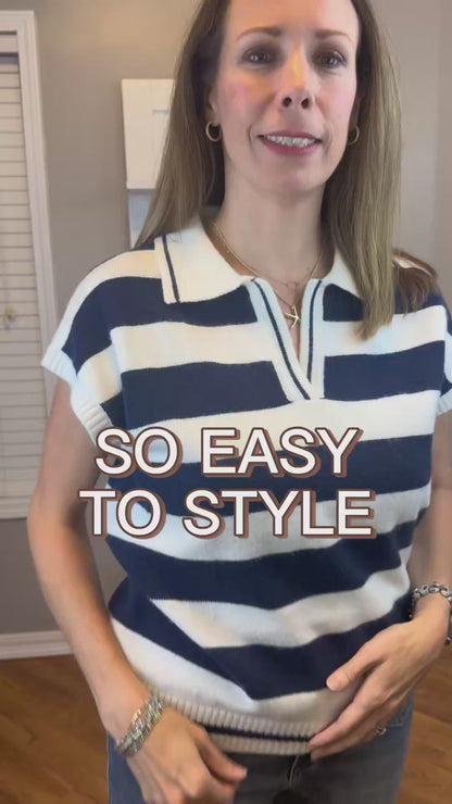 Zenana Striped Collared Short Sleeve Sweater